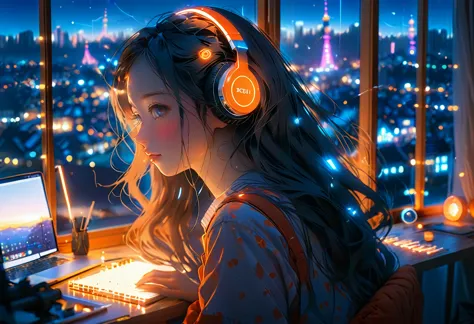 beautiful girl studying in her room while listening to music with headphones、long hair、warm indirect lighting、beautiful cityscap...