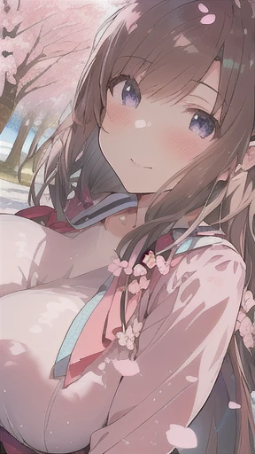 anime girl  with big breast posing in a pink dress, seductive  anime girl , cherry blossom petals around her, beautiful  anime g...