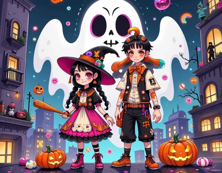 graffiti poster ， graffiti design ，graffiti illustration：1.37.Cyberpunk Tech City， (((A cartoon girl and boy in Halloween costumes stand on the roof，Look at the lens， Witch Hat，Baseball bat)))，Ric Nagualeros concept illustration  , Artstation competition w...