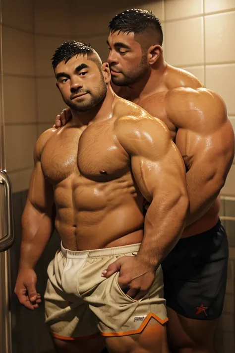 Photorealistic of Japanese,Bulked up body with muscle male rugby player, Large physique ,Strong body Male  Rugby prop player, Wide shoulder width , Thick belly, Short hair,Chest hair, Thick thighs and thick calves, healy,wet, water splashes,wet body,full b...