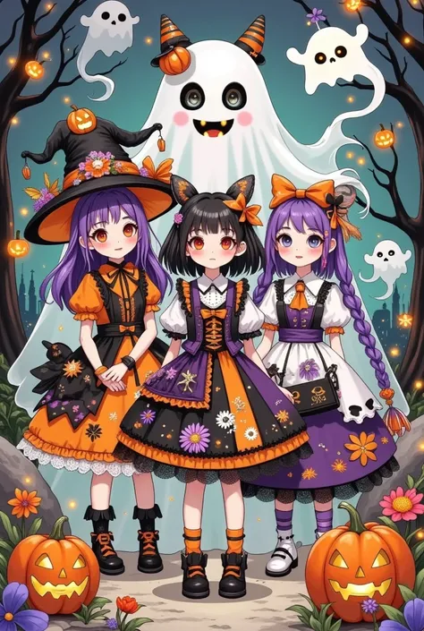 anime characters dressed up in Halloween costumes standing in front of a ghost, Halloween art style, Halloween theme, in a Halloween style, Halloween celebration, Trick or Treat, ❤🔥🍄🌪, 🍁 Lovely, 🍂 Lovely, Halloween wallpaper with ghosts, Horror style, Star...