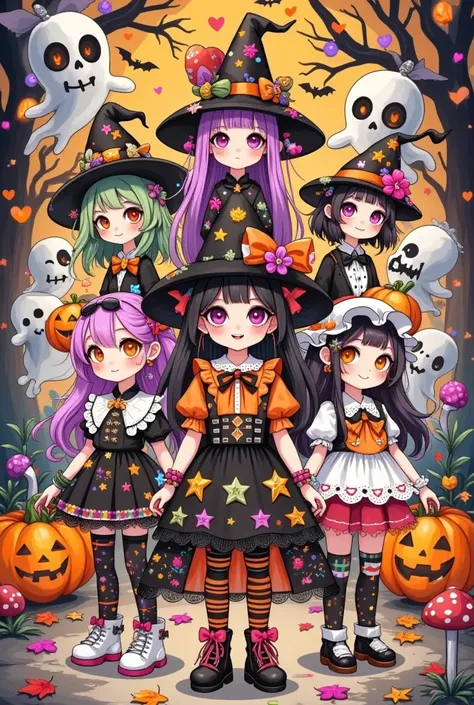 Anime characters dressed in Halloween costumes stand in front of ghosts, Animation drawn by Kanbun Master, pixiv, Graffiti,  Halloween art style , Halloween theme, Halloween style, Halloween Celebrations, Trick or Treat, ❤🔥🍄🌪, 🍁 Lovely, 🍂 Lovely,  Hallowee...