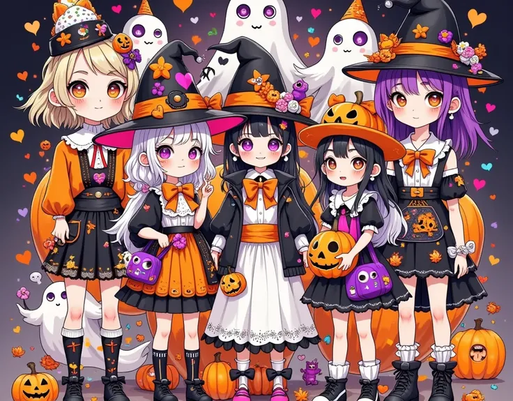 Anime characters dressed in Halloween costumes stand in front of ghosts, Animation drawn by Kanbun Master, pixiv, Graffiti,  Halloween art style , Halloween theme, Halloween style, Halloween Celebrations, Trick or Treat, ❤🔥🍄🌪, 🍁 Lovely, 🍂 Lovely,  Hallowee...