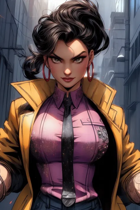 ((((Poses variadas))))), Jubilee,  short black hair,  brown eyes, Alone, standing,  upper body, smile, jubJak,  open yellow jacket ,  purple shadows on the head ,  hoop earrings , blue gloves, pink shirt , streets, Around the chain , retro, Graphite, (insa...