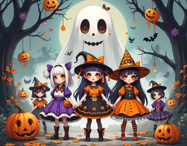 anime characters dressed up in Halloween costumes standing in front of a ghost, Halloween art style, Halloween theme, in a Halloween style, Halloween celebration, Trick or Treat, ❤🔥🍄🌪, 🍁 Lovely, 🍂 Lovely, Halloween wallpaper with ghosts, Horror style, Star...