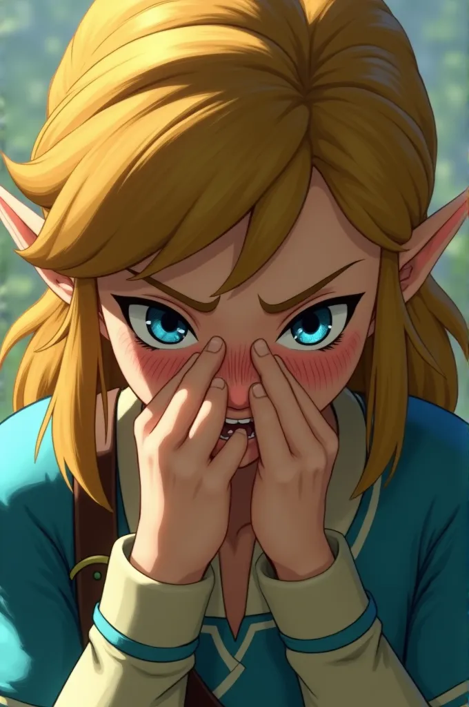 ((masutepiece, Hight Resolution,depth of fields, 4k (english),)), Masterpiece, Best Quality, 1Girl, The Legend of Zelda, Zelda, Princess Zelda, nintendo, breath of the wild, breath of the wild, gaming, The forehead is clearly visible, a blond, bobbed black hair, princess, Staring at the screen, 1 person, game character, Contemptuous eyes, rage, Squinting your eyes,, Staring at the screen in disgust, View from the top, frowning, narrow her eyes, Close one eye, feeling of disgust, ((Shield your nose with your hands)),((Cover your mouth with your hands)),((Hold your face with your arms)),((((Pinching the nose ))),(((Pinching the nose ))), pinching nose