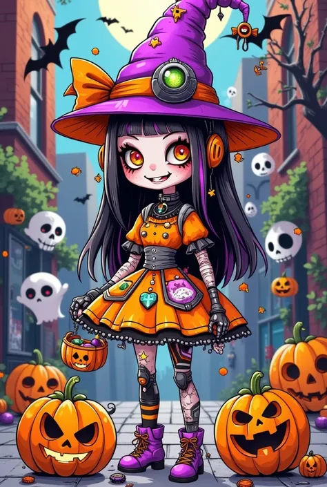  cyberpunk，Halloween comic graffiti ：One wearing a hat、cartoon girl with pumpkins and other items,portable candy basket，  Halloween art style , Witch Girl, Halloween style, Bright witch, Trick or Treat, Colorfull illustration, Halloween theme, Lovely art s...