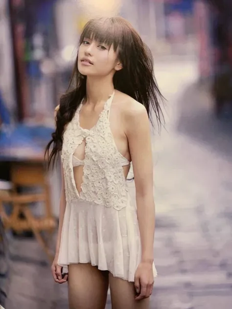 There is a woman standing on the sidewalk in a white dress, It rains,  kimi takemura, Yasumoto Oka, Harumi, Bookmark, Inspired by Miwa Komatsu, Chiho ashima, Chiho, Nico in a white dress,  young skinny gravure idol , Ayami Kojima