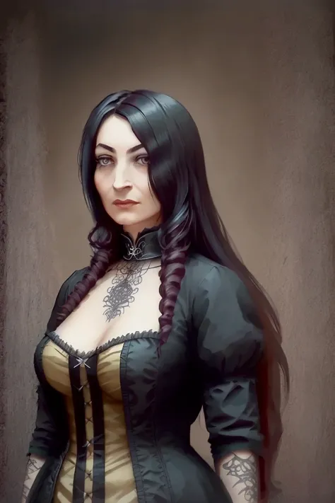 (Gothic aesthetics,victorian style,Steampunk,dark,romantic,unforgettable,) In a dark, mysterious environment, a girl with a victorian style outfit stands in a gothic garden. She has beautiful detailed eyes, With eye-catching long eyelashes. Her lips are al...