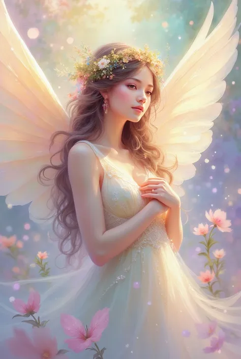 "a gentle angel with warm wings, softly smiling and holding their hands near their heart. the colors are pastel, with a focus on...