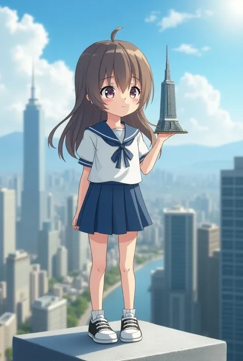  A huge anime girl on a miniature city model，She has brown hair，Wearing a sailor suit and sneakers ， holding a miniature model high-rise toy in her hand ，To her, this building doesnt look like a girls little thumb is big， The girl looked closely at this sm...