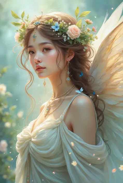 "an angel with soft, flowing wings and a thoughtful expression, looking out into the distance with a slight smile. the colors ar...