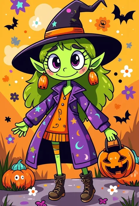 Cartoon illustration，big-eyed witch，portable pumpkin candy basket，cute