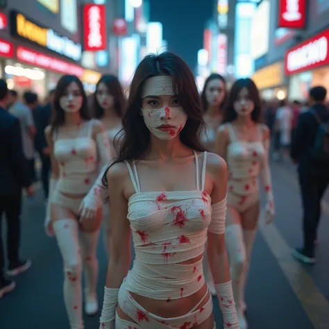 MagicHour Miracle, Ethereal and Haunting Live-Action, Bloody Halloween costumes, ProfessionalPhoto of ExtremelyDetailed 12 KAWAII mummy girls made of Magic, Innocence, Underboob, Exposed Nudie Butt, Jam-pack crowded Shibuya Hachiko-mae on Halloween, blood ...