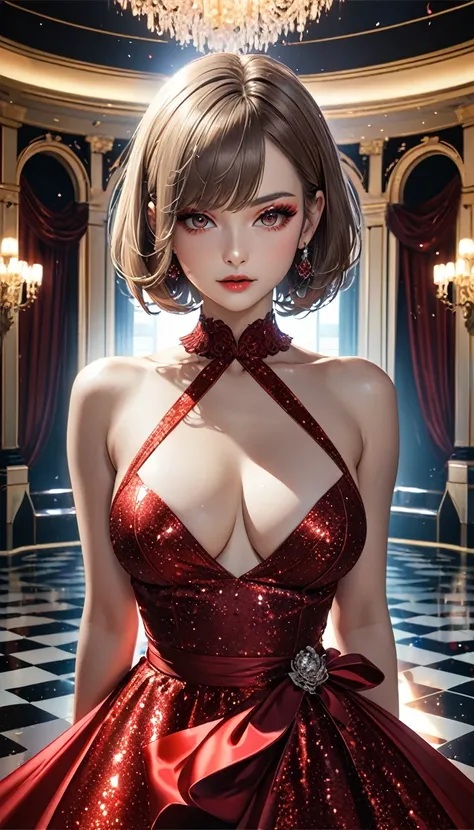 conceptual installation noble artwork, cool beauty, light brown glossy silky messy bob cut, makeup, amorous expression, cortesy, elegance, dignity, captivating eyes, curvaceous, wearing red satin halter neck dress, side boobs, background palace ballroom, v...