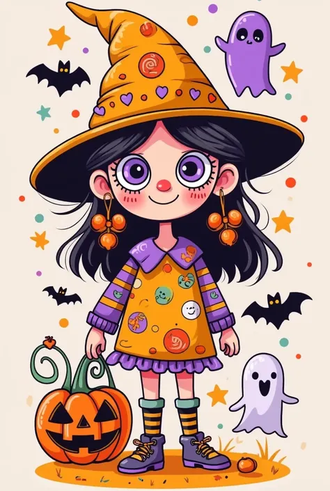 funny cartoon illustration，Childish Art，Folk Art，Halloween，cute的大眼睛女孩， wearing a witch hat ，Red Nose，Hand holding a pumpkin，cute，Simple， stick figure，Bats and ghosts