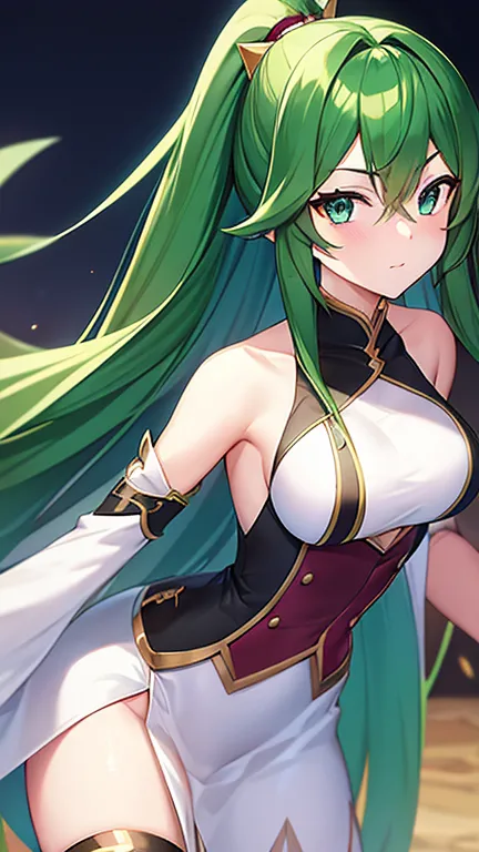 generate an avatar of a waifu with long hair and emerald color with burgundy eyes