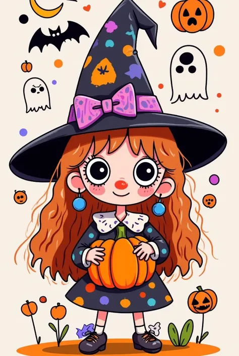 funny cartoon illustration，Childish Art，Folk Art，Halloween，cute的大眼睛女孩， wearing a witch hat ，Red Nose，white collar，Hand holding a pumpkin，cute，Simple， stick figure，Bats and ghosts