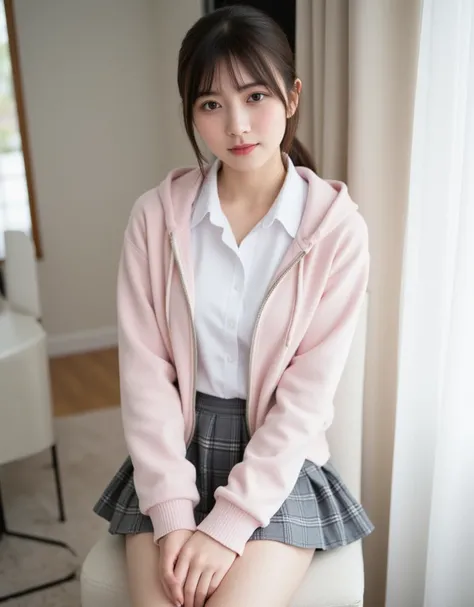 (outerwear is hoodie in soft cotton fabric, long sleeves), (zip-up:1.2), (inner wear is a white collared-shirt), (school uniform, white shirt collar:0.8), gray plaid pattern pleated mini skirt, white loose socks, long socks, black pumps, Sitting with legs ...