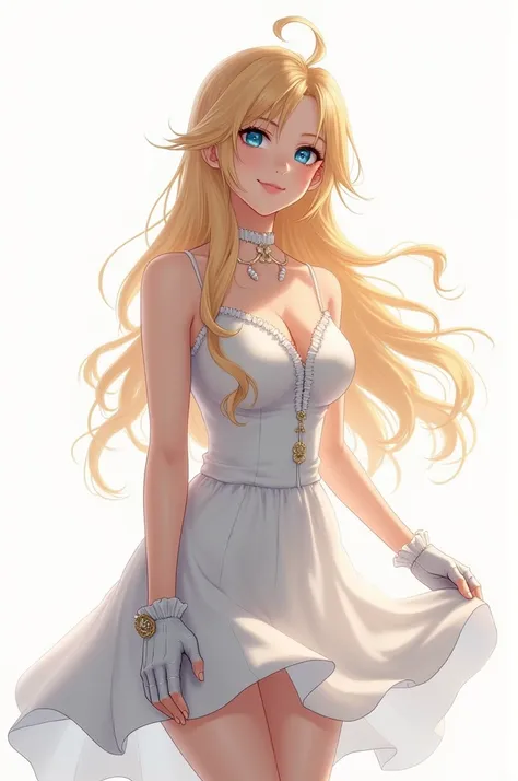 (masterpiece, best quality:1.2,simple background,white background),1girl,solo,reynn (final fantasy),bare shoulders,blue eyes,breasts,blonde hair,dress,long hair,looking at viewer,sleeveless,smile,gloves,frills,fullbody,bigthighs 