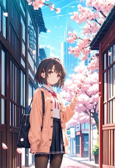 katou megumi, 1girl, solo, bangs, short hair, brown hair, brown eyes, black hair, pantyhose, cherry blossoms,cityscape