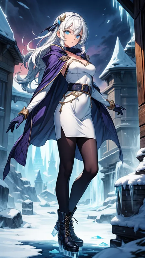 ((masterpiece, best quality:1.3, high detail)), beautiful serious woman looking at viewer, angry, long wavy hair, (white hair), hairpin, bright blue eyes, dark blue, (white blouse long sleeves), coat, (blue midi pencil skirt), ((long blue skirt)), belt, gloves, boots, collarbone, ((atmospheric, magic, ice)), stone, snowy ruins, purple sky, (blue cloak), fantasy, lower body, 