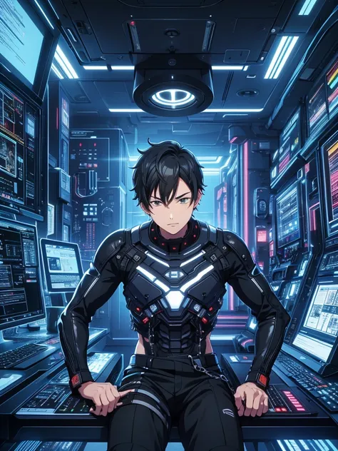  illustration of a young man , Black Hair, Short Hair, Black Eyes,  short wolf hair , 20-year-old man,  wearing a black pilot suit,  relaxing in a spaceship lobby , A smirking expression, Official Art、 best quality 、 unity 8k Wallpaper 、32K、masterpiece、Sup...