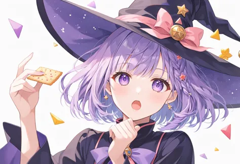 ((pastel))、 woman,Look this way,front,Have a party cracker,Open your mouth,Mauve Hair, short bob,Inward-curling hair, braid,Purple Eyes,I'm wearing witch clothes , wearing a triangular hat,There is a cherry blossom mark, simple background,White background