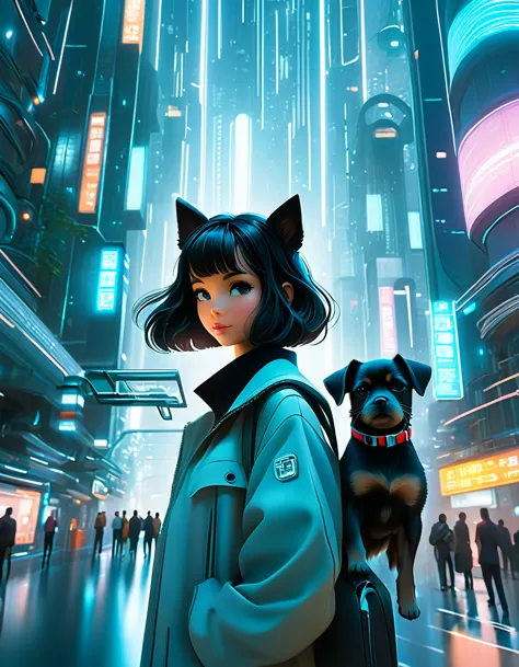 here's the futuristic-style image ,  with her little dog hidden in the middle of an advanced city full of high-tech details.  ha...