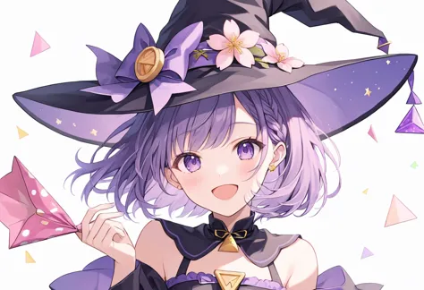 ((pastel))、 woman,Look this way,smile,front,Have a party cracker,Open your mouth,Mauve Hair, short bob,Inward-curling hair, braid,Wink,Purple Eyes,I'm wearing witch clothes , wearing a triangular hat,There is a cherry blossom mark, simple background,White background