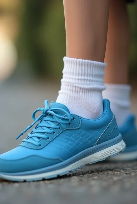  The girl is wearing blue sneakers，White socks，Close-up of the ankle part ， magnified part of the ankle facing the screen。Side view，Looking up at the girl 