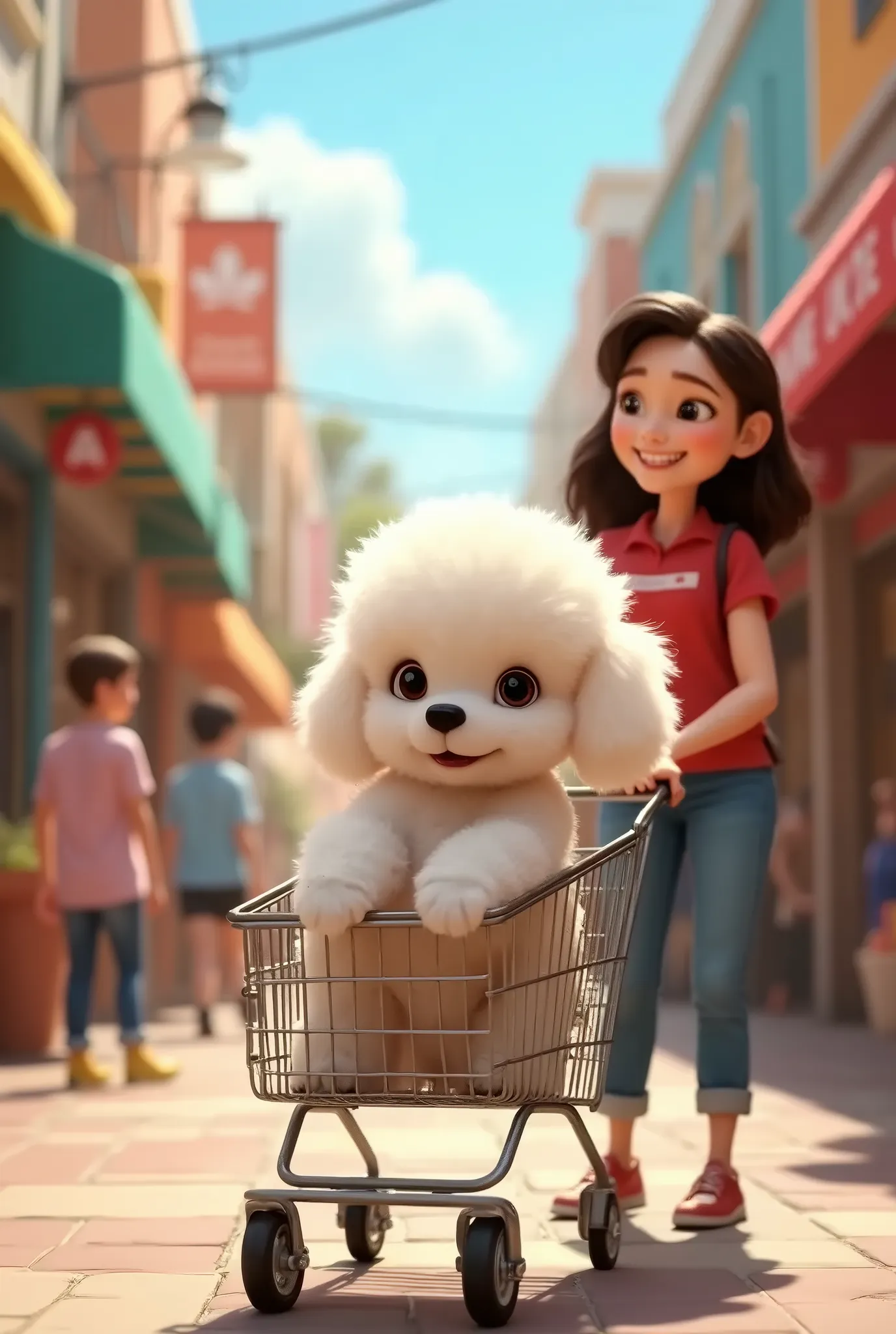 A 3D Disney Pixar style white poodle inside a shopping cart, and with a woman pushing the shopping cart