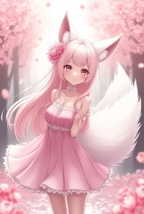 nine snow-white fox tails (1.0), milky white fox tail (1.0), nine-tailed fox狐特寫, nine-tailed fox, nine-tailed fox,   pink hair a...