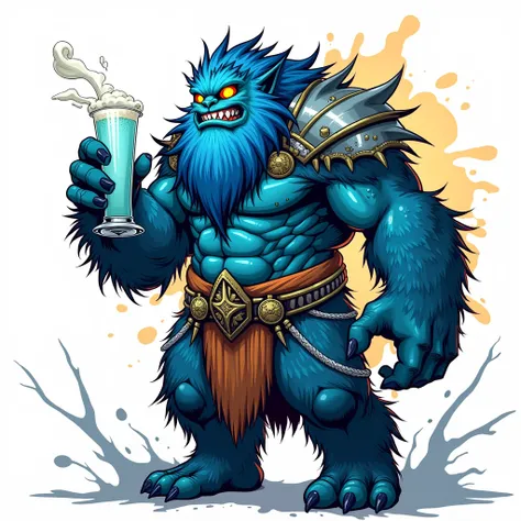 A digital drawing in a stylized, comic book art style. The central figure is a Nordic giant with a thick, bushy blue beard. The giants skin is a deep blue, and it has glowing, yellow eyes that give it a supernatural, mystical appearance. The giant is holdi...