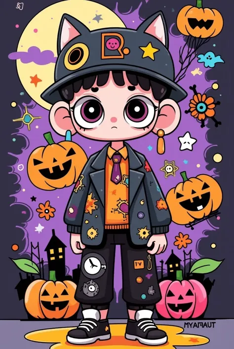 Cartoon illustration，boy with big eyes，Fashion suit，cute。Halloween theme