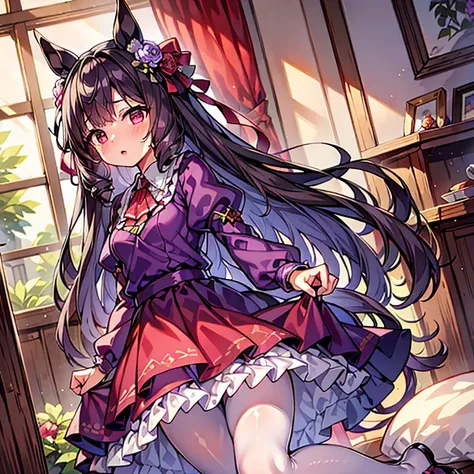 (( best quality )), ((masterpiece)), ( Details), Daichi Ruby、
horse ear、Red eyes、(Purple Dress、Purple Skirt)、 long skirt 、flower、Frills、髪のflower、 Long Sleeve 、Puffy sleeves、赤いflower、solo、White Pantyhose、White legwear、Small breasts、
８ｋ
