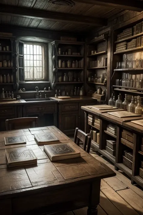 medieval background , an alchemical laboratory with the setting of a wizard room with tables filled with books and very old shelves ,Caderoes 