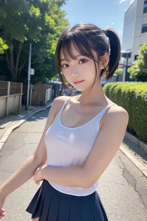 outdoor, see through, young, idol, Japanese, Middle school students, Elementary school student, prety, Sparkling eyes, No body hair, Thin legs, Attention to detail, Highest quality, High resolution, bobbed hair, short bob, pony tail, pigtails hear, no skir...