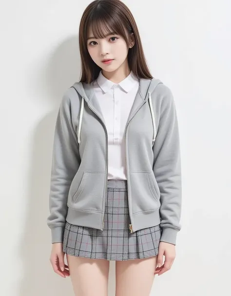 (outerwear is hoodie in soft cotton fabric, long sleeves), (zip-up:1.2), (inner wear is a white collared-shirt), (school uniform...