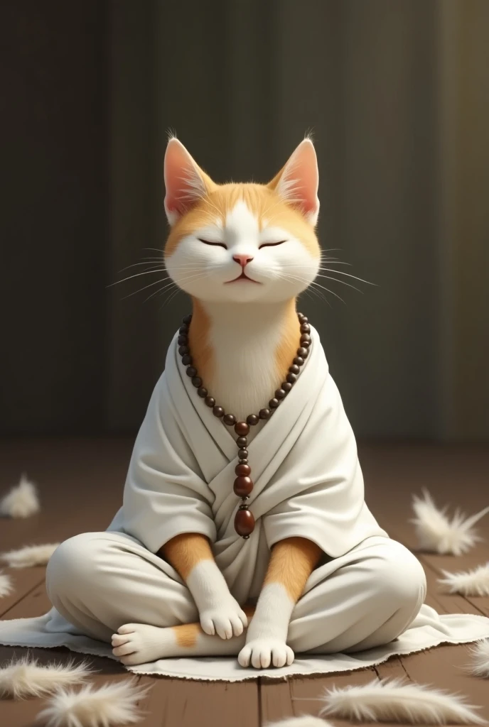 prompt for the the cat sitting with the legs crossed, perhaps in a meditative or relaxed position  on his neck a string of prayer beads , wearing white cloths , on the floor the are chicken feathers