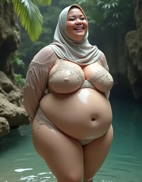 Gigantic pose, (High Heels red Stilettos), ((INDONESIAN MALAY Hijab Long)), (Gigantic  Overweight Breasts), ((HIGH REALISTIC QUALITY RESOLUTION)),((Wet Body)), ((Wet Water)), Shiny Breasts, ((Hijab:1.16)), ((6)), "Plumpers", ("Wearing lace stockings Transp...