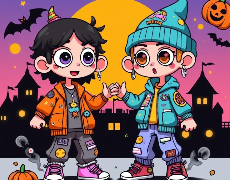 Cartoon illustration， 2 boys with big eyes，Big Head，Fashion suit，Stylish hip hop ，Street Dance， Exaggerated expressions ，cool，cute。Halloween theme，Castle Silhouette ， Bat Pumpkin