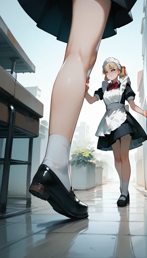 anime women, maid, socks, not wearing shoes, raised leg, raised leg, stomping of  feet on throat, stomping of feet on neck, look...