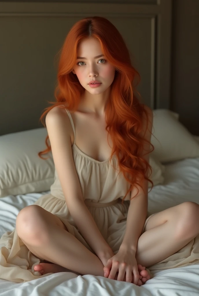  beautiful girl ,redhead, in a skirt , sits on the bed 