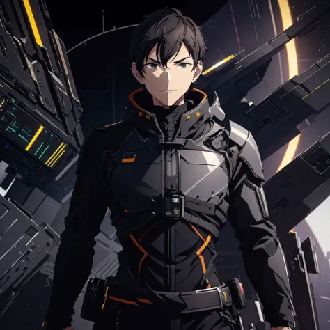  illustration of a young man , Black Hair, Short Hair, Black Eyes,  short wolf hair , 20-year-old man, Im wearing a black skinny pilot suit,  relaxing in a spaceship lobby , A smirking expression, Official Art、 best quality 、 unity 8k Wallpaper 、32K、master...