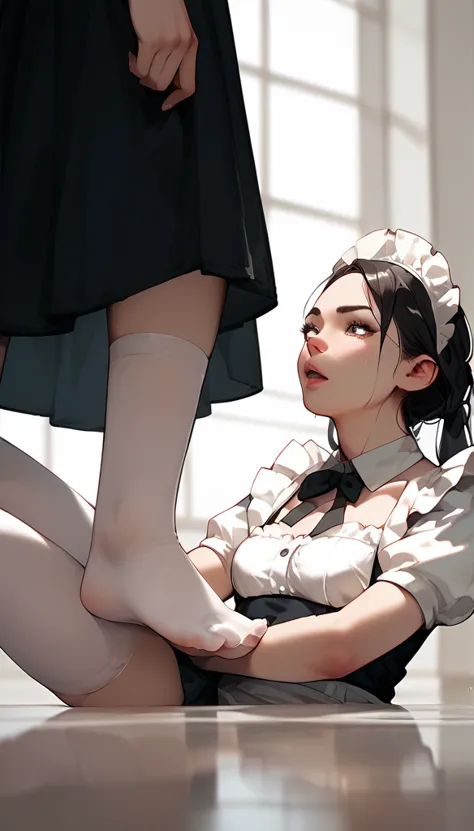 anime women, maid,  white stockings , raised leg, feet on throat, stomping of feet on neck, looking down, head out of frame, thr...