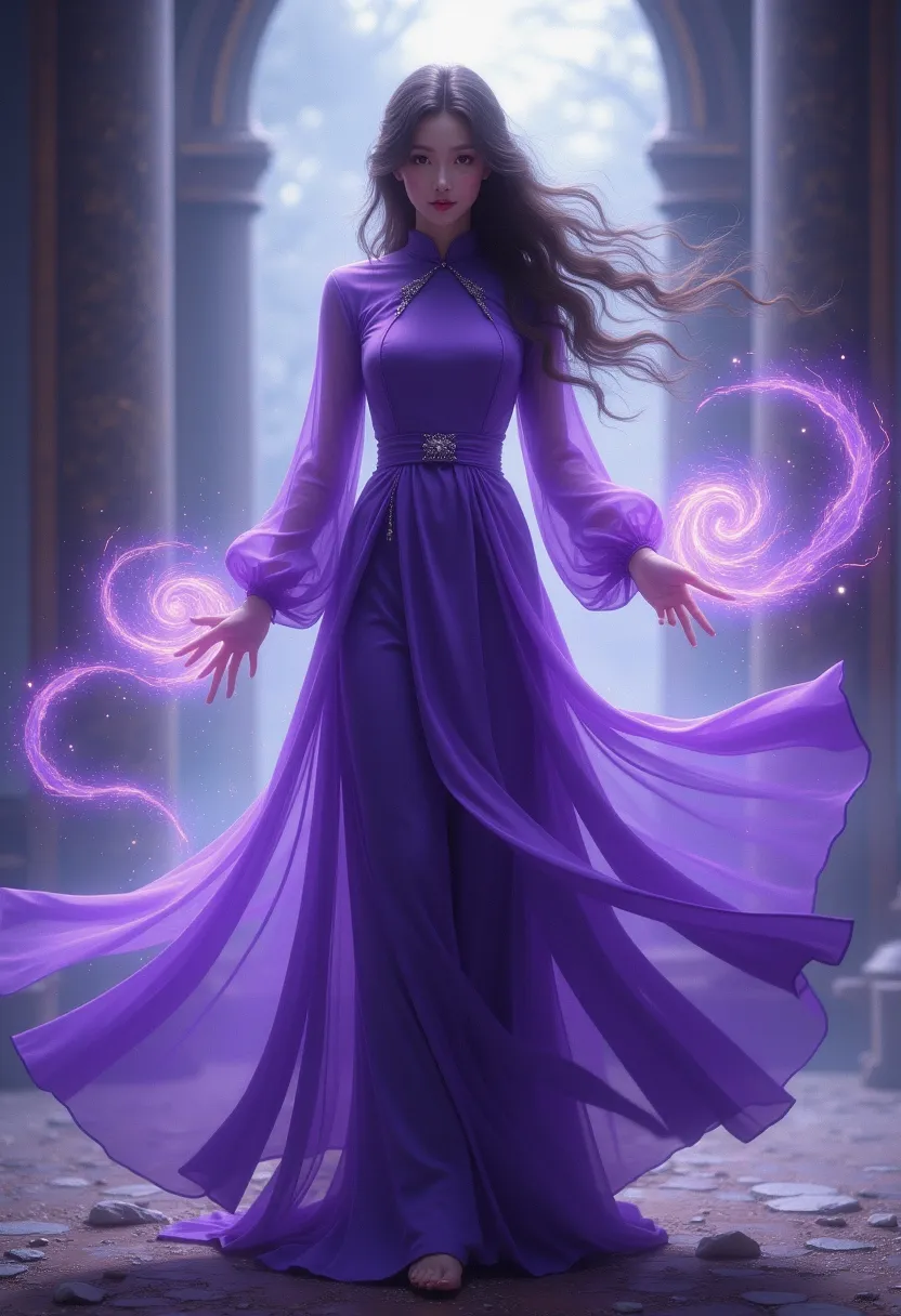 a mysterious female figure dressed in flowing purple áo dài with an elegant posture, her charming presence exudes power as she u...