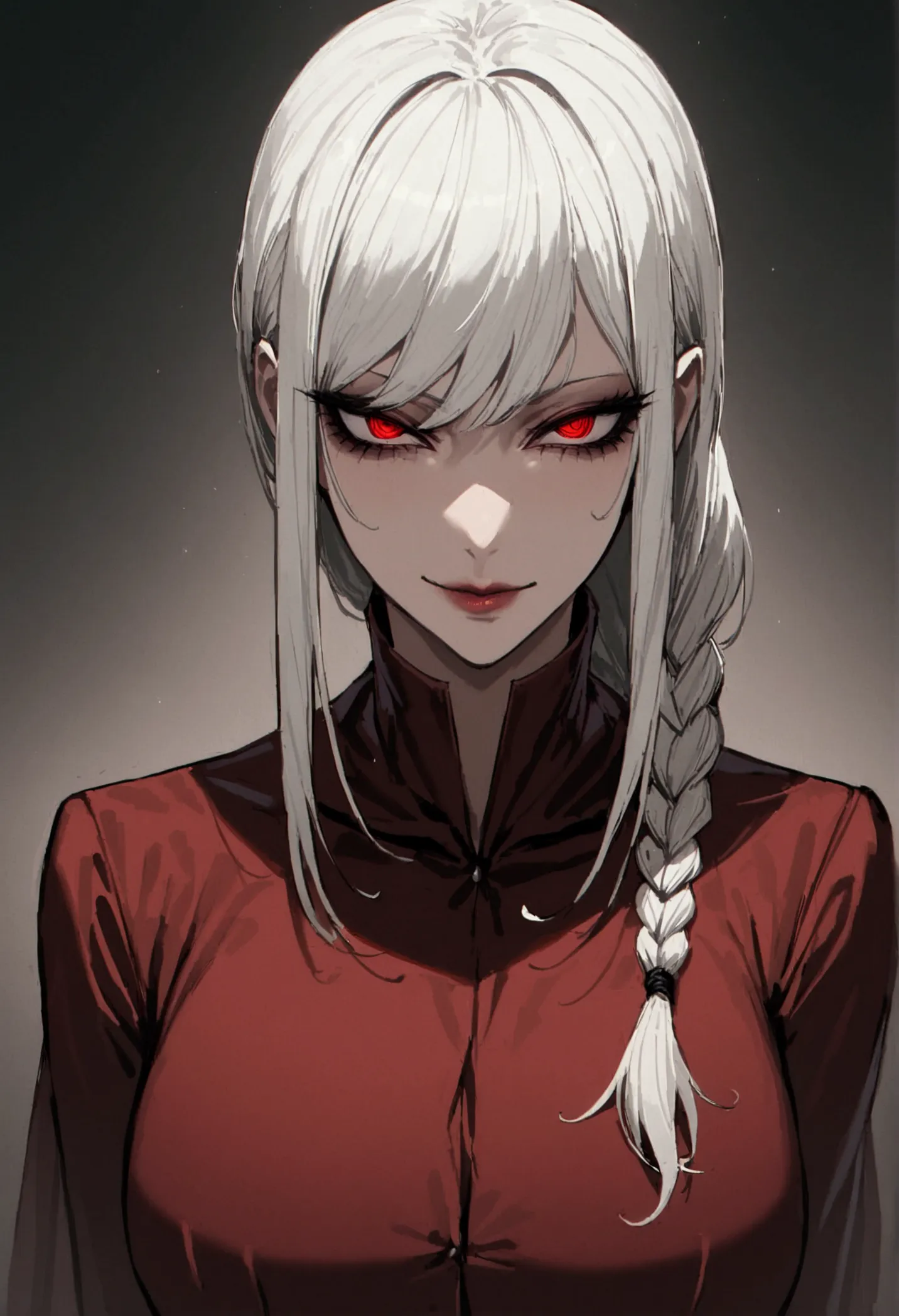 sexy cultist, woman, seductive smile, white hair, long hair, single braid, piercing eyes,tall, imposing, beautiful, perfect, evi...