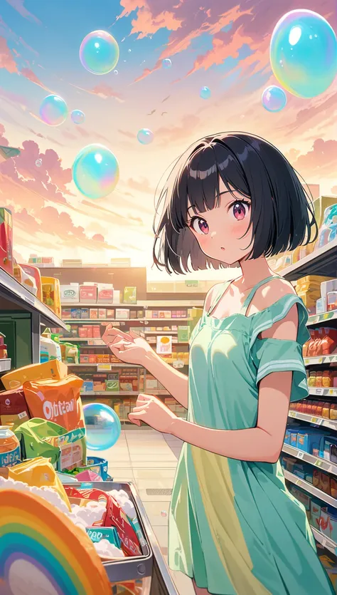  best quality , Supermarket, 8k,  incredibly absurd ,  very detailed , 2.5D, Beautiful Goddess,  Soap bubbles , Pastel colored clouds, Sunshine,  pop art, Delicate and dynamic,  pastel fantasy ,  Black Hair ,  bob cut , Very young, Small breasts, Official ...