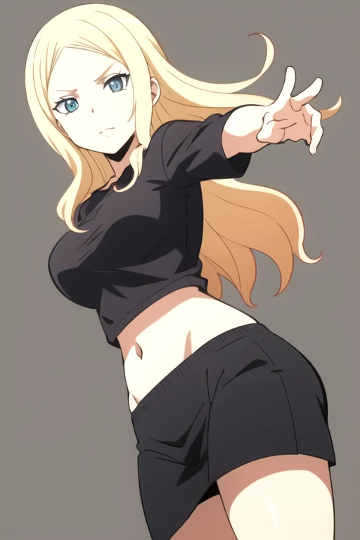 best quality,ultra high res, 1girl,irinajelaviär4,blonde hair, blue eyes, simple background, midriff